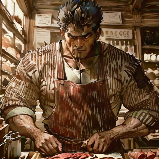 a man in a kitchen preparing food on a counter top with a knife and fork in his hand and a shelf full of meat