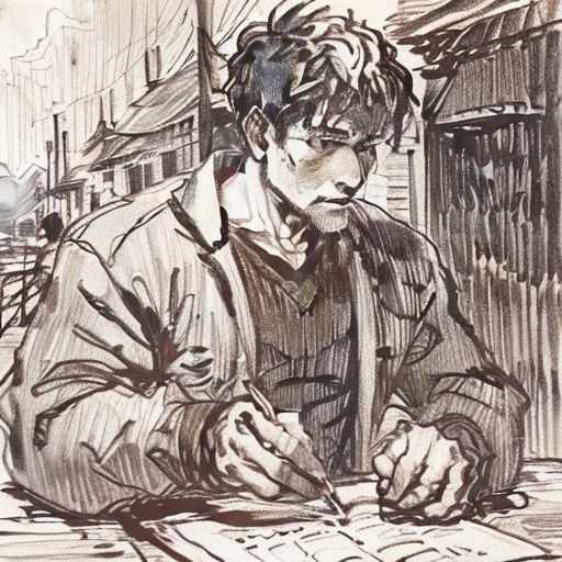 a drawing of a man writing on a piece of paper with a pen and paper clippings in his hand