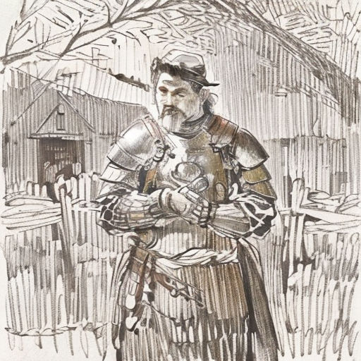 a drawing of a man in armor standing in front of a fence and a tree with a bird on it