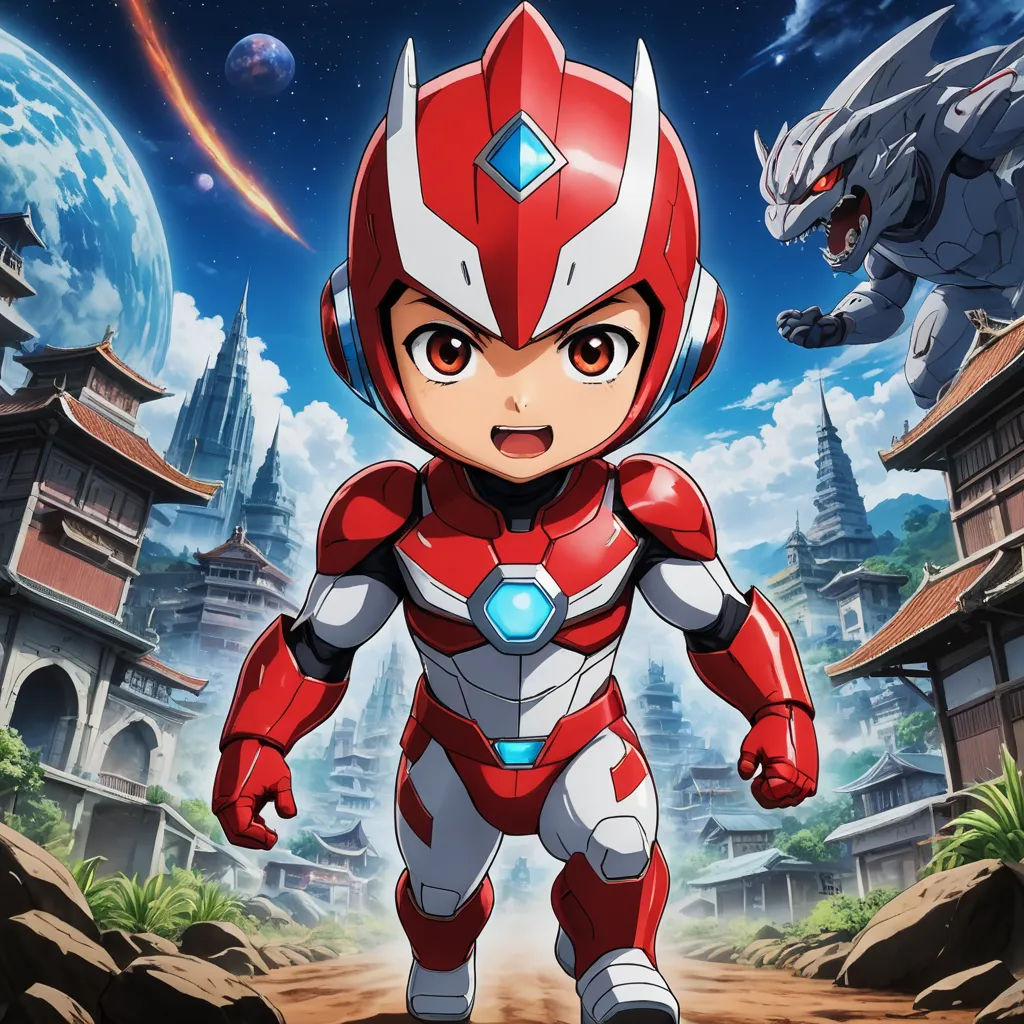 a cartoon character in a red and white suit standing in front of a city with a dragon on it, rayonism, concept art, Ai-Mitsu, official art