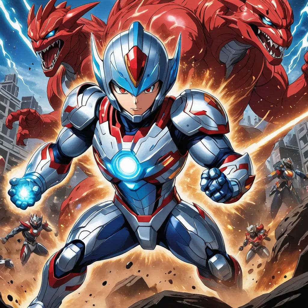 a cartoon character in a futuristic suit with a red demon behind him and a red demon behind him, in front of a city, lyco art, poster art, Adam Rex, official art