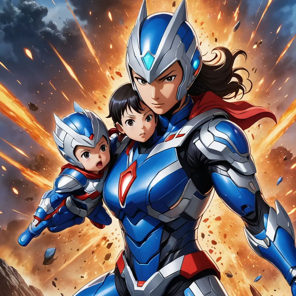 a woman in a blue suit holding a child in her arms with a sky background and a fireball in the background, rayonism, poster art, Eizan Kikukawa, official art