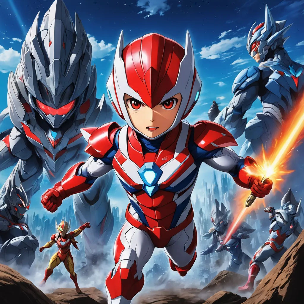 a cartoon character in a red and white suit with two other characters in the background, and a blue sky, rayonism, poster art, Eizan Kikukawa, promotional image