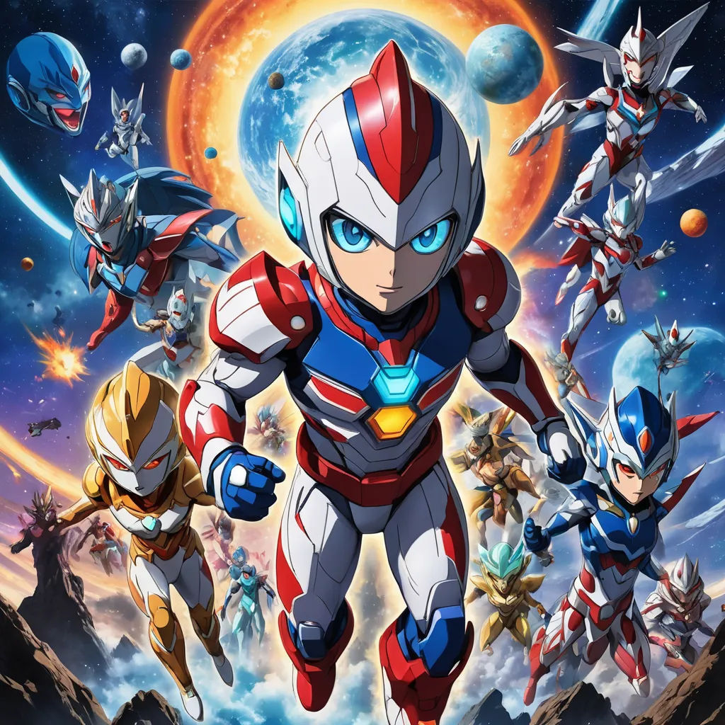 a cartoon character with a bunch of other characters in the background of a space scene with planets and stars, rayonism, poster art, Adam Rex, key art