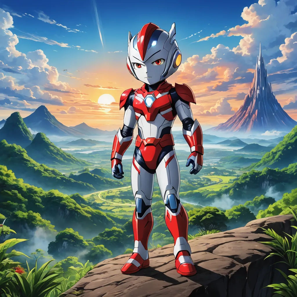a cartoon character standing on a rock in front of a mountain and sky with a sunset in the background, sots art, concept art, Adam Rex, official art