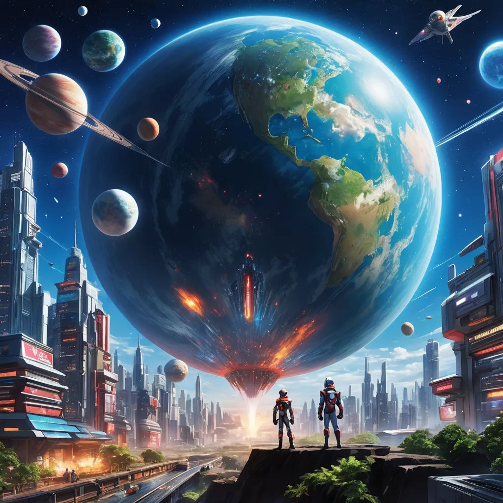 two people standing on a ledge looking at a planet with a spaceship in the background and a city in the foreground, space art, concept art, Chris LaBrooy, official art