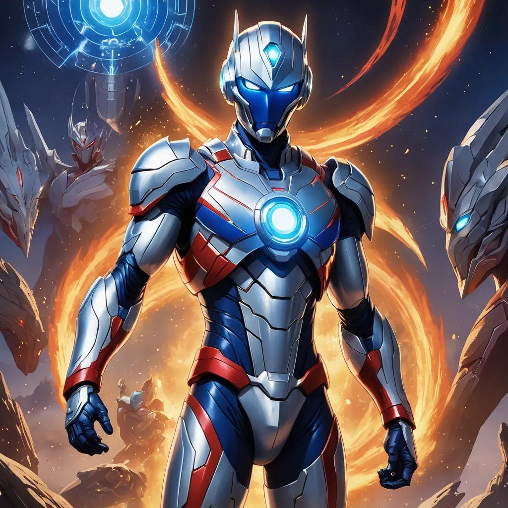 a man in a suit standing in front of a fire ball and a giant object in the background with a blue light, antipodeans, a comic book panel, Alejandro Burdisio, comic cover art