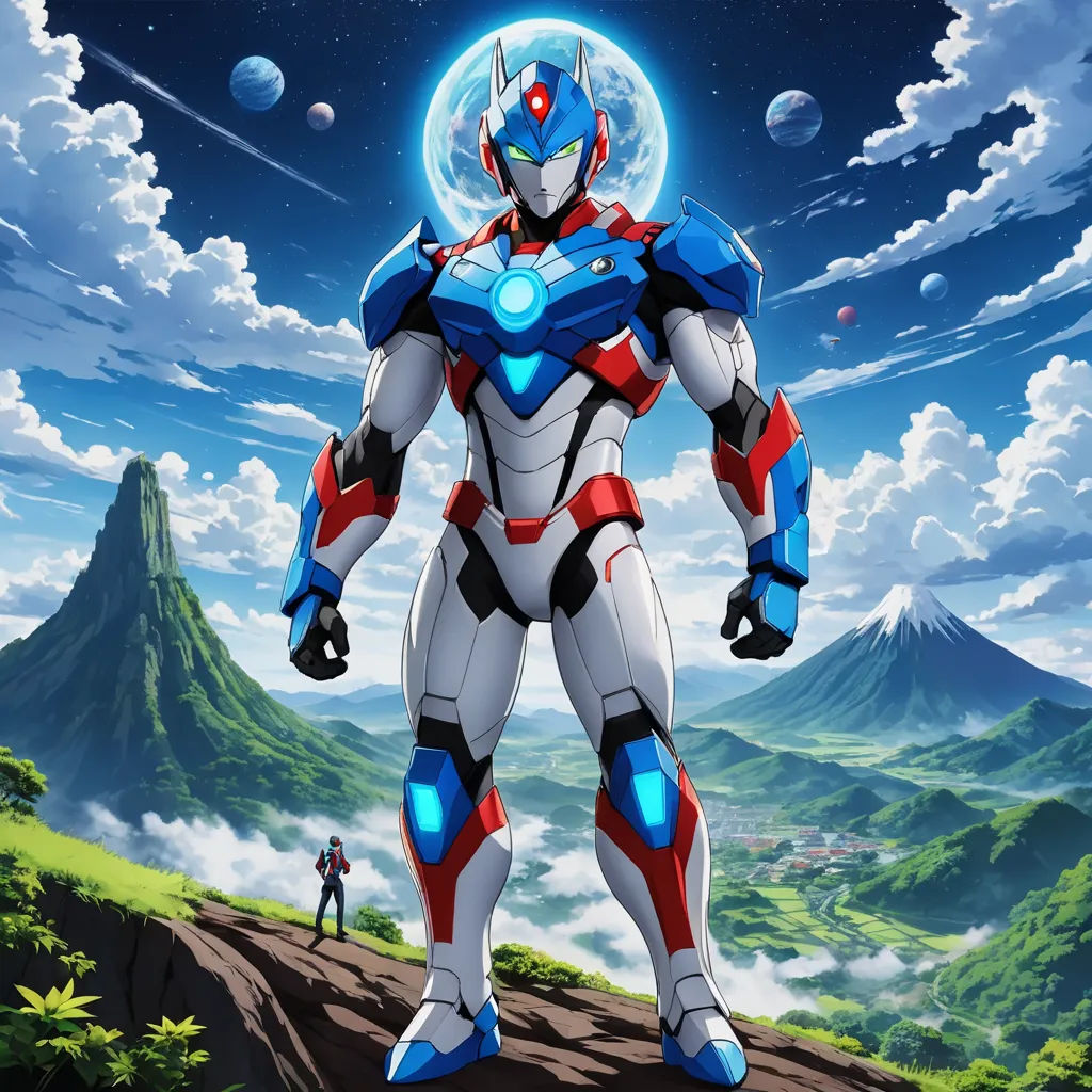 a man in a futuristic suit standing on a hill with a sky background and mountains in the background, with a man in the foreground, afrofuturism, concept art, Adam Rex, official art