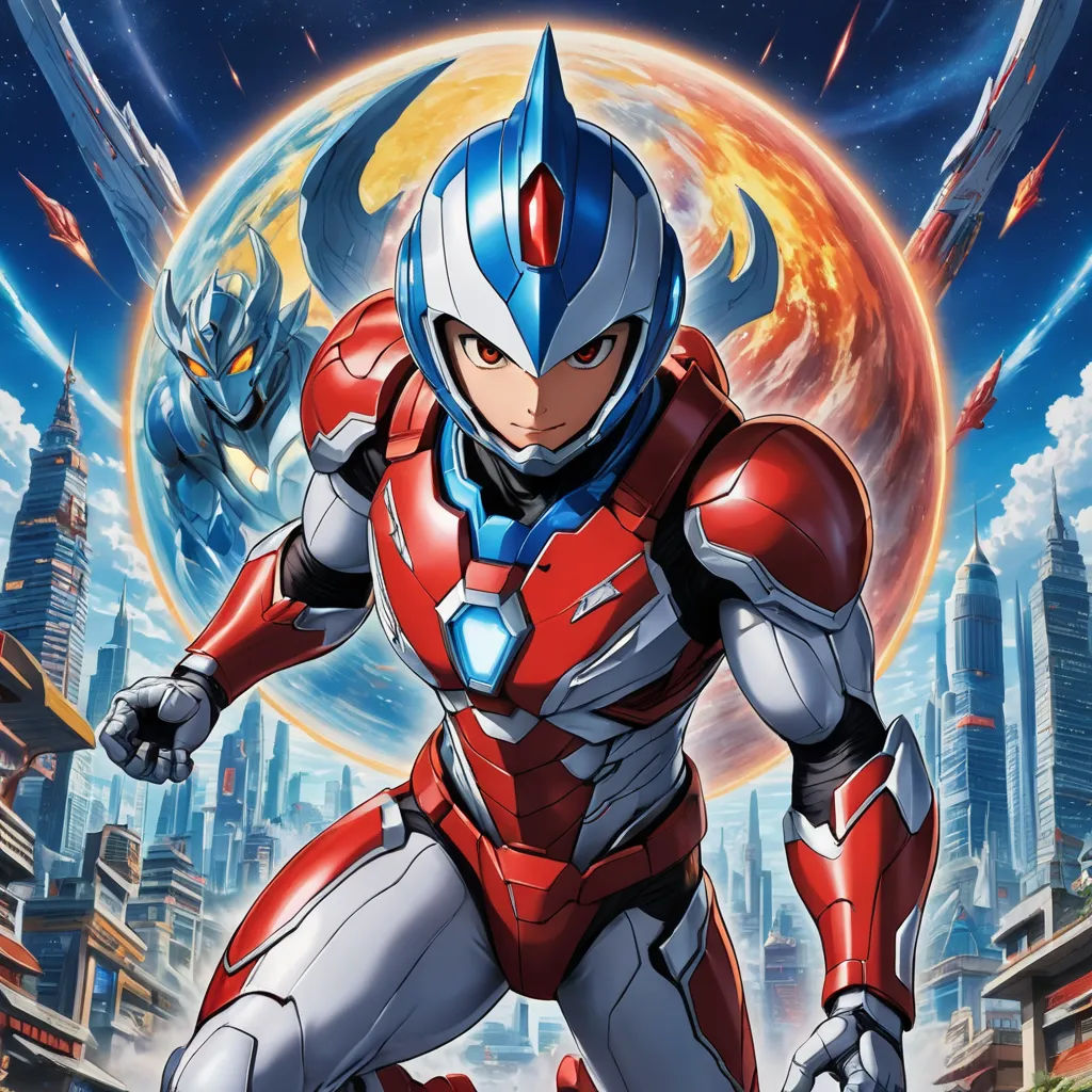 a man in a red and white suit standing in front of a city with a giant red and white robot, rayonism, poster art, Adam Rex, official art