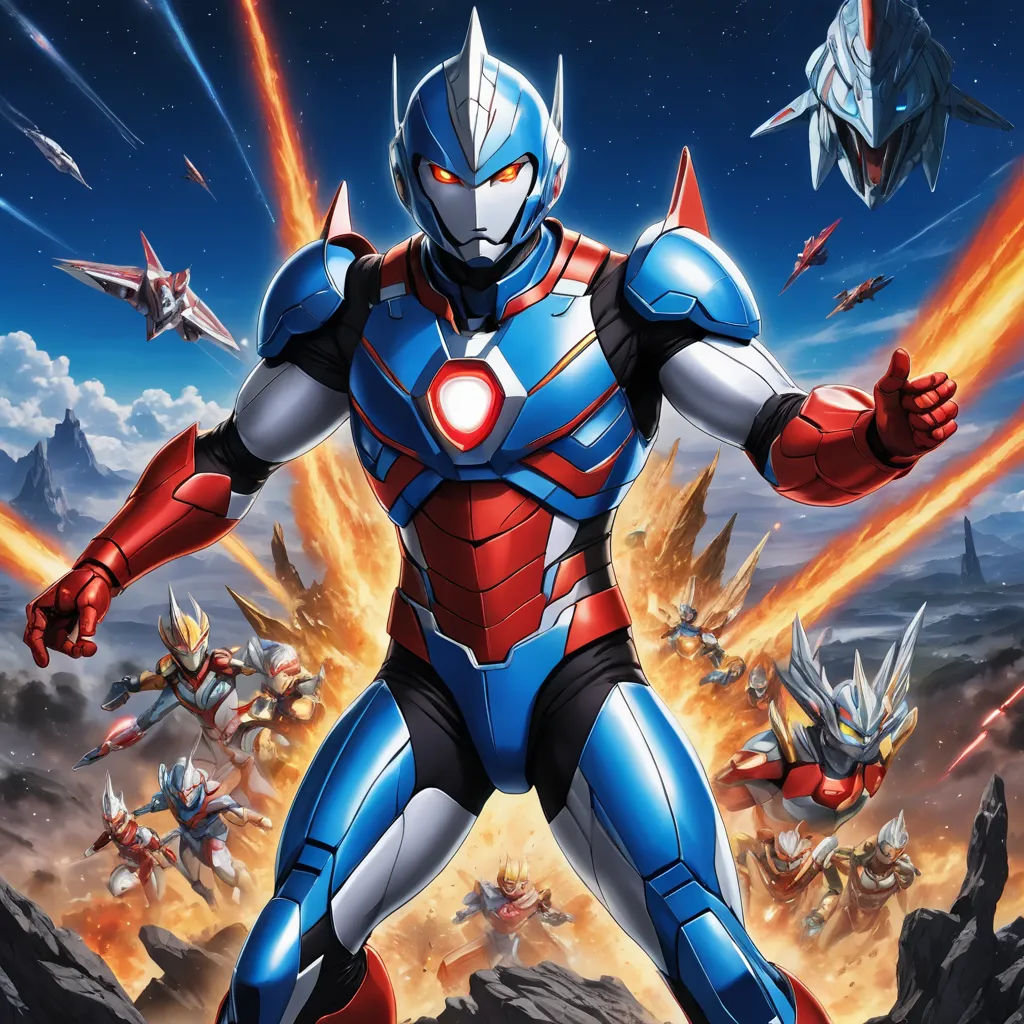 a man in a blue and red suit standing in front of a bunch of jets and a sky background, rayonism, poster art, Adam Rex, key art