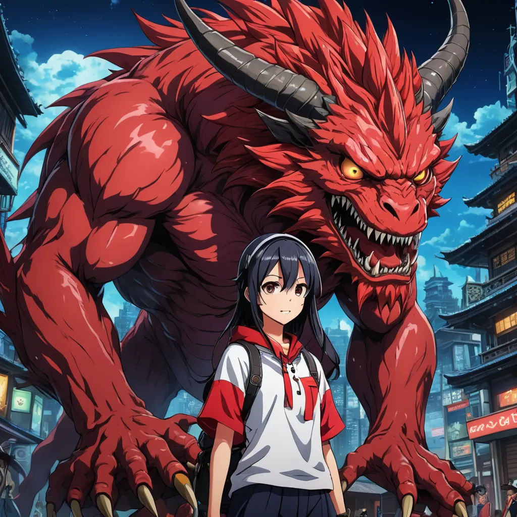 a girl standing next to a red monster in a city at night with a sky background and buildings in the background, lyco art, poster art, Eishōsai Chōki, anime key visual