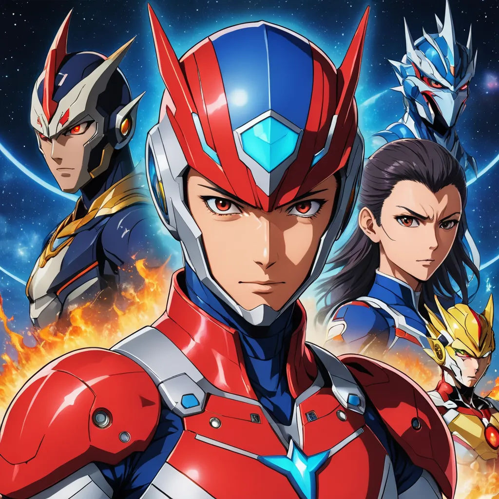 the characters of the anime movie, ultra man, are in front of a background of a space background, maximalism, poster art, Ai-Mitsu, official art