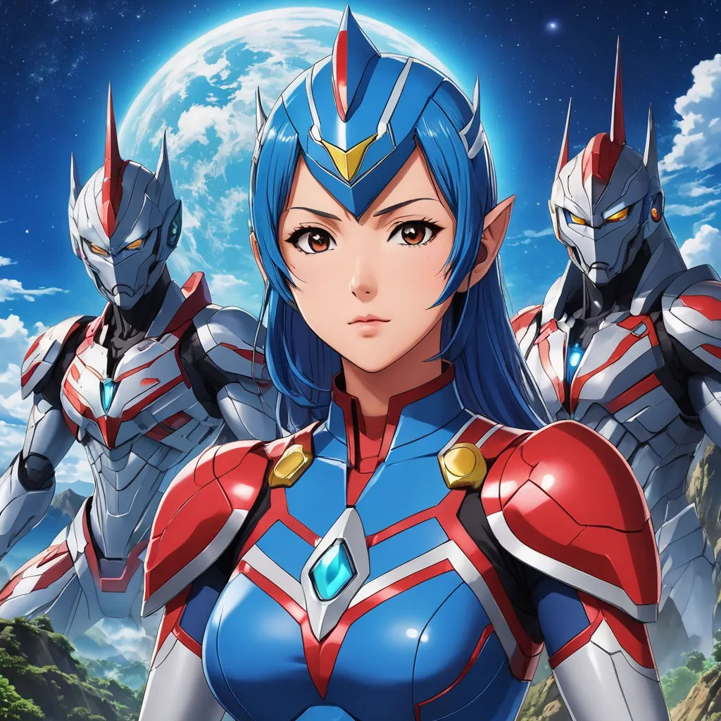 a woman in a blue suit standing next to two other women in front of a full moon sky with stars, rayonism, a character portrait, Ai-Mitsu, key art