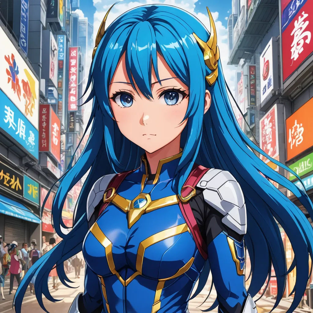 a woman in a blue outfit standing in front of a city street with buildings and signs in the background, sots art, a character portrait, Chizuko Yoshida, official art