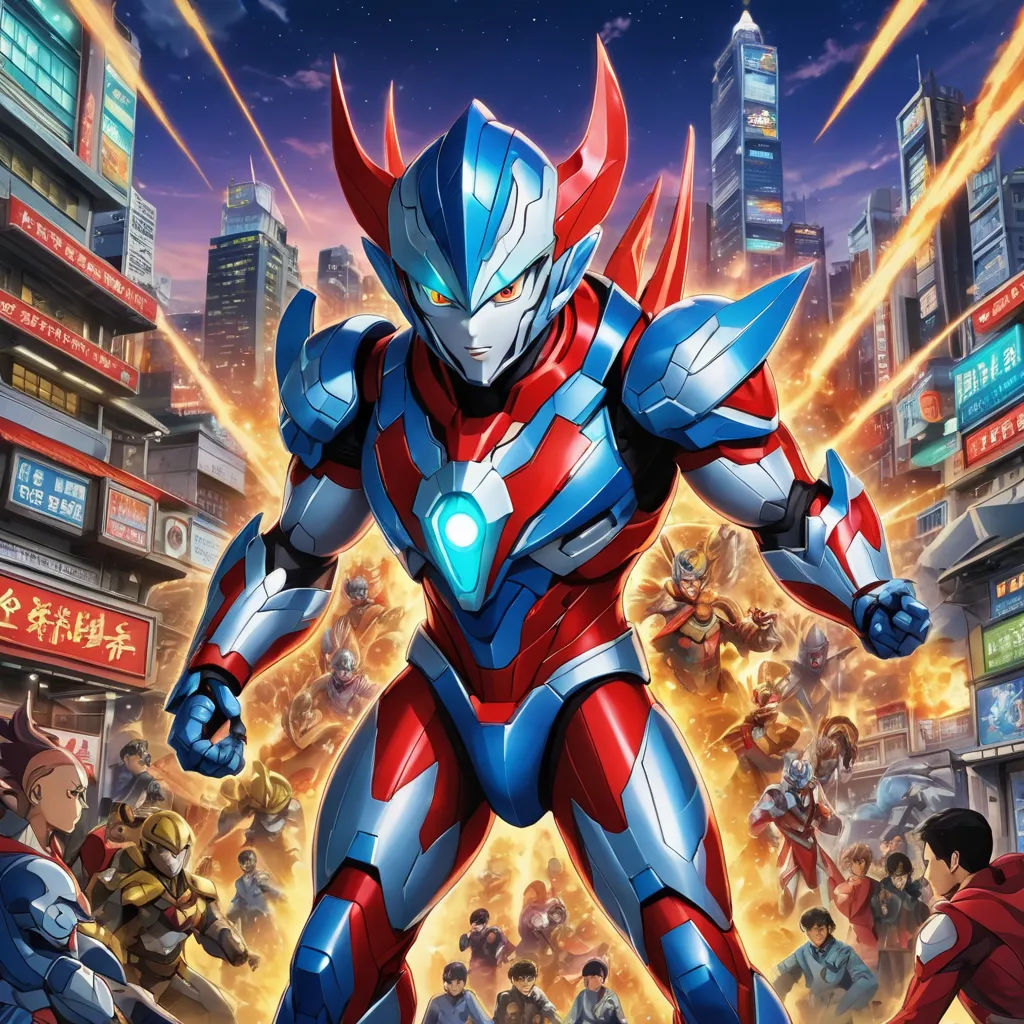 a cartoon character in a futuristic city with a lot of people around him and a robot in the foreground, rayonism, poster art, Ai-Mitsu, official art