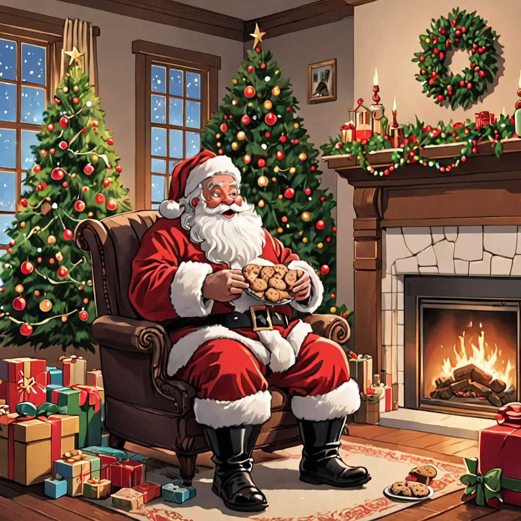 a santa claus sitting in a chair with a cookie in his hand and a fireplace in the background with christmas decorations, Ernest William Christmas, naive art, a digital rendering, official art