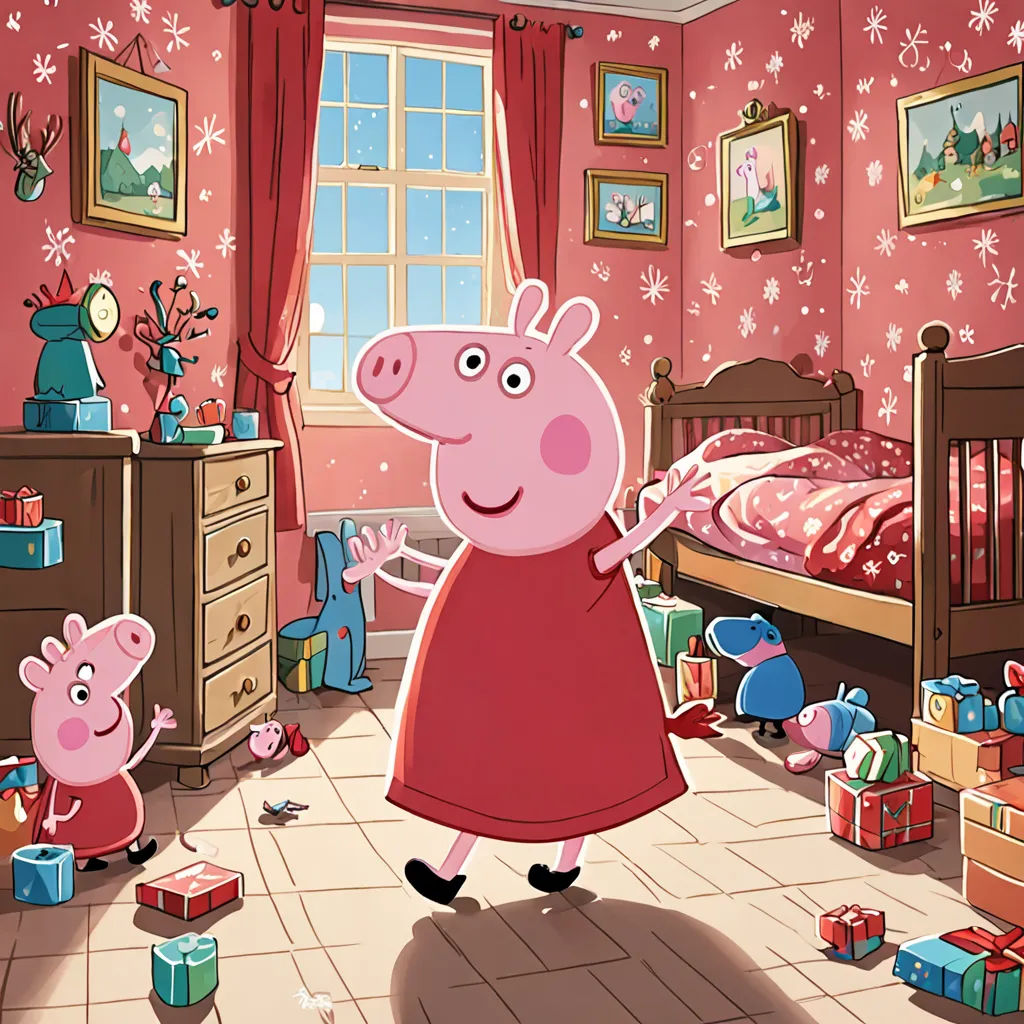 a cartoon peppo pig in a bedroom with other peppo pig toys and a christmas tree in the corner, Christabel Dennison, figurativism, a storybook illustration, promotional image