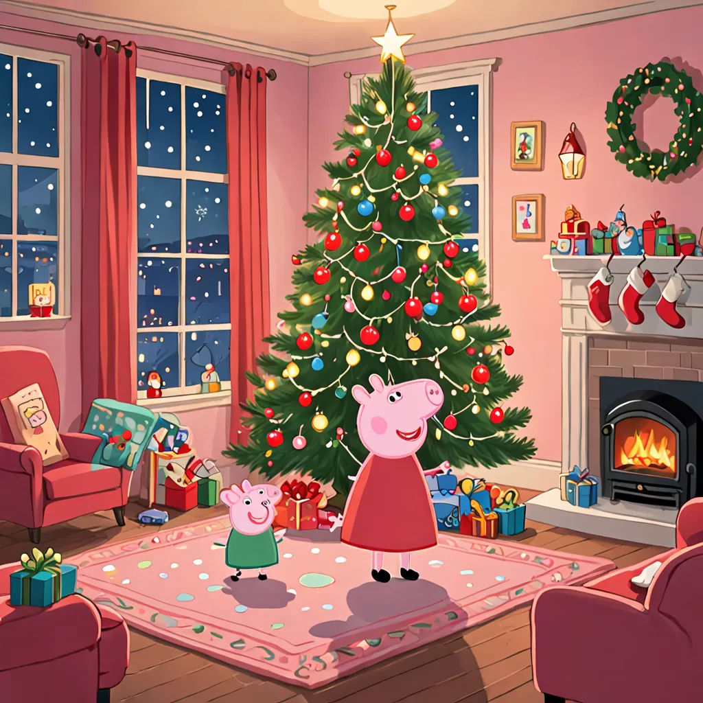 a christmas tree in a living room with a peppa pig sitting in front of it and a christmas tree in the corner, Ernest William Christmas, sots art, a poster, promotional image