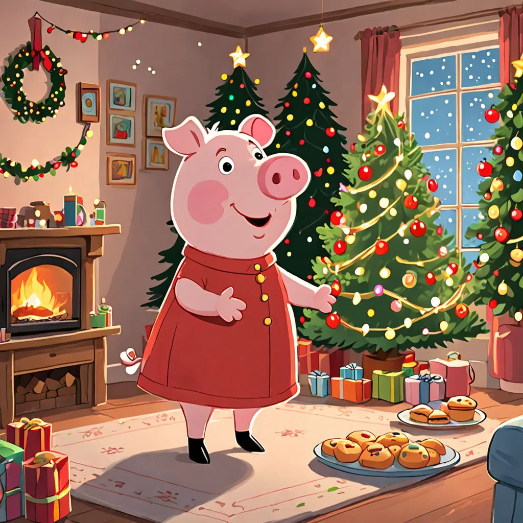 a pig standing in front of a christmas tree in a living room with a christmas tree and a fireplace, Ernest William Christmas, sots art, concept art, official art