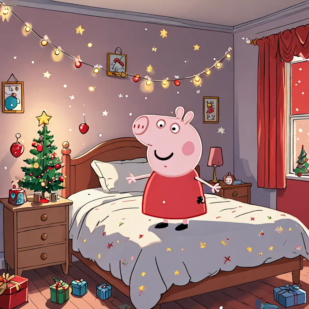 a peppo pig standing on a bed in a bedroom with christmas decorations and a christmas tree in the corner, Ernest William Christmas, naive art, concept art, promotional image