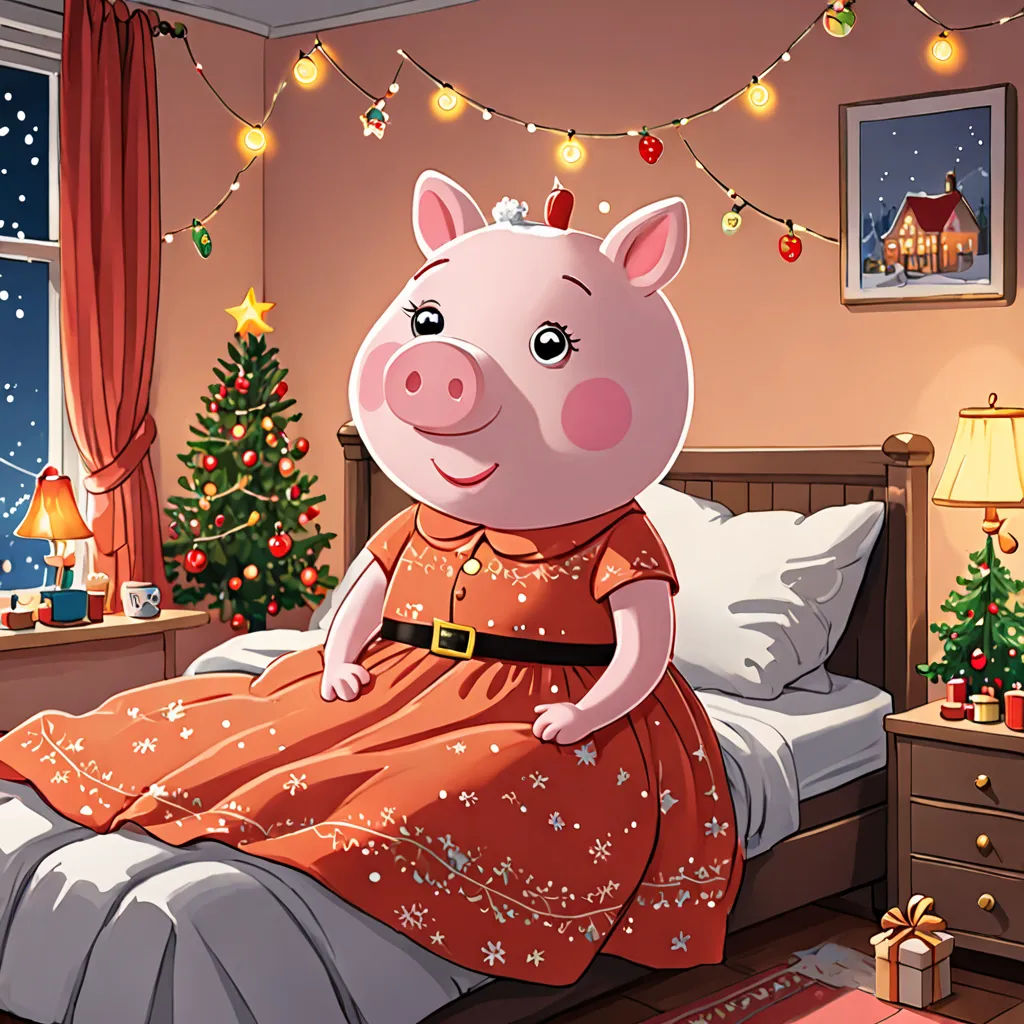a pig in a dress sitting on a bed in a room with christmas lights on the ceiling and a christmas tree, David Gilmour Blythe, sots art, a storybook illustration, official art