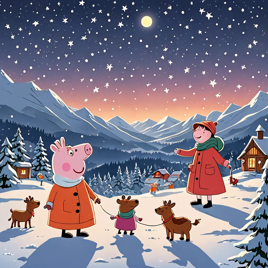 a pig and a piggy are in the snow with a dog and a pig on a leash and a person in a red coat, David Brewster, naive art, a storybook illustration, promotional image