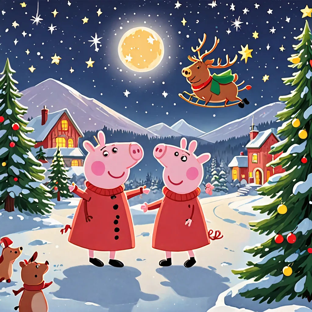 a couple of pigs standing next to each other in front of a christmas tree and a sleigh, Ernest William Christmas, naive art, a storybook illustration, promotional image