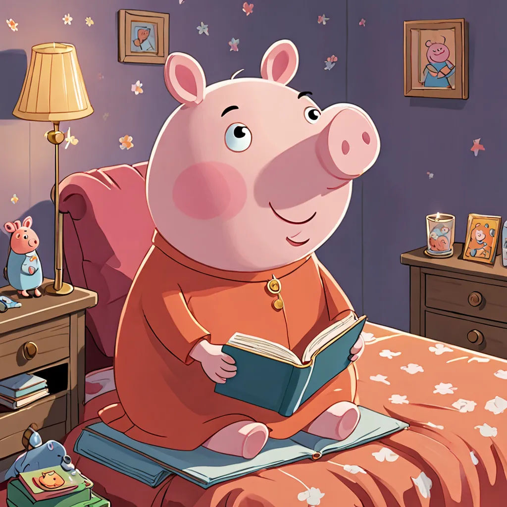 a pig sitting on a bed reading a book in a bedroom with a lamp on the nightstand and a teddy bear on the bed, David Young Cameron, sots art, a storybook illustration, promotional image