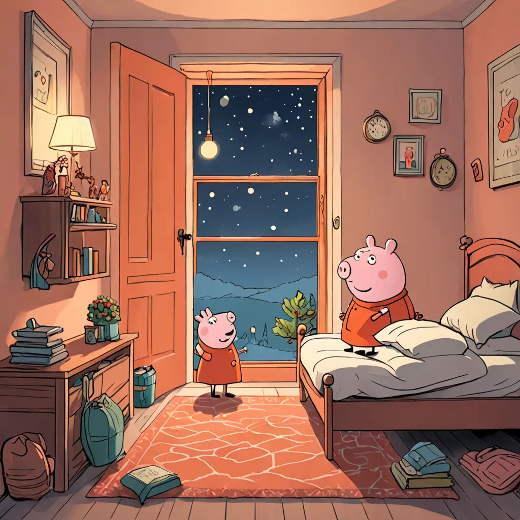 a pig and piggy pig are in a bedroom with a window looking at the stars and the moon, Chris LaBrooy, space art, a storybook illustration, nighttime