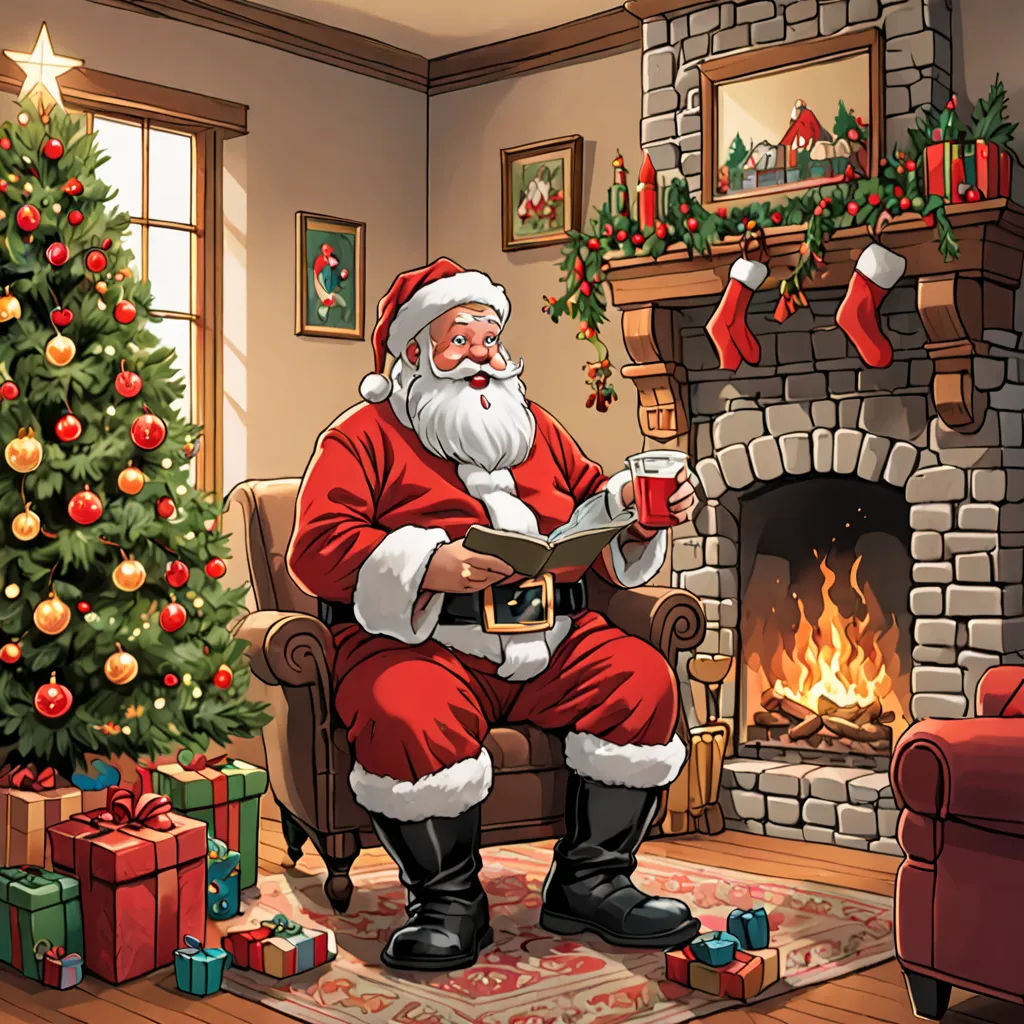 a santa claus sitting in a chair with a cup of coffee in front of a fireplace with presents on it, Ernest William Christmas, happening, a digital rendering, official art