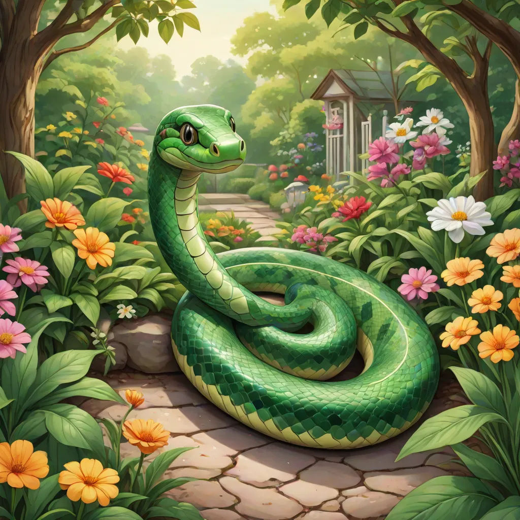 a green snake is in the middle of a garden with flowers and trees, and a house in the background, a storybook illustration, Chris LaBrooy, cobra, highly detailed digital painting