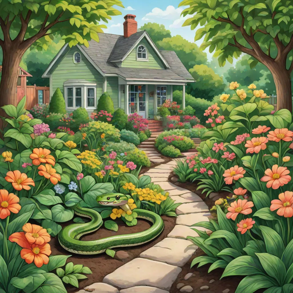 a painting of a house and a garden with a snake in the foreground and flowers in the background, a storybook illustration, Carol Sutton, environmental art, storybook illustration