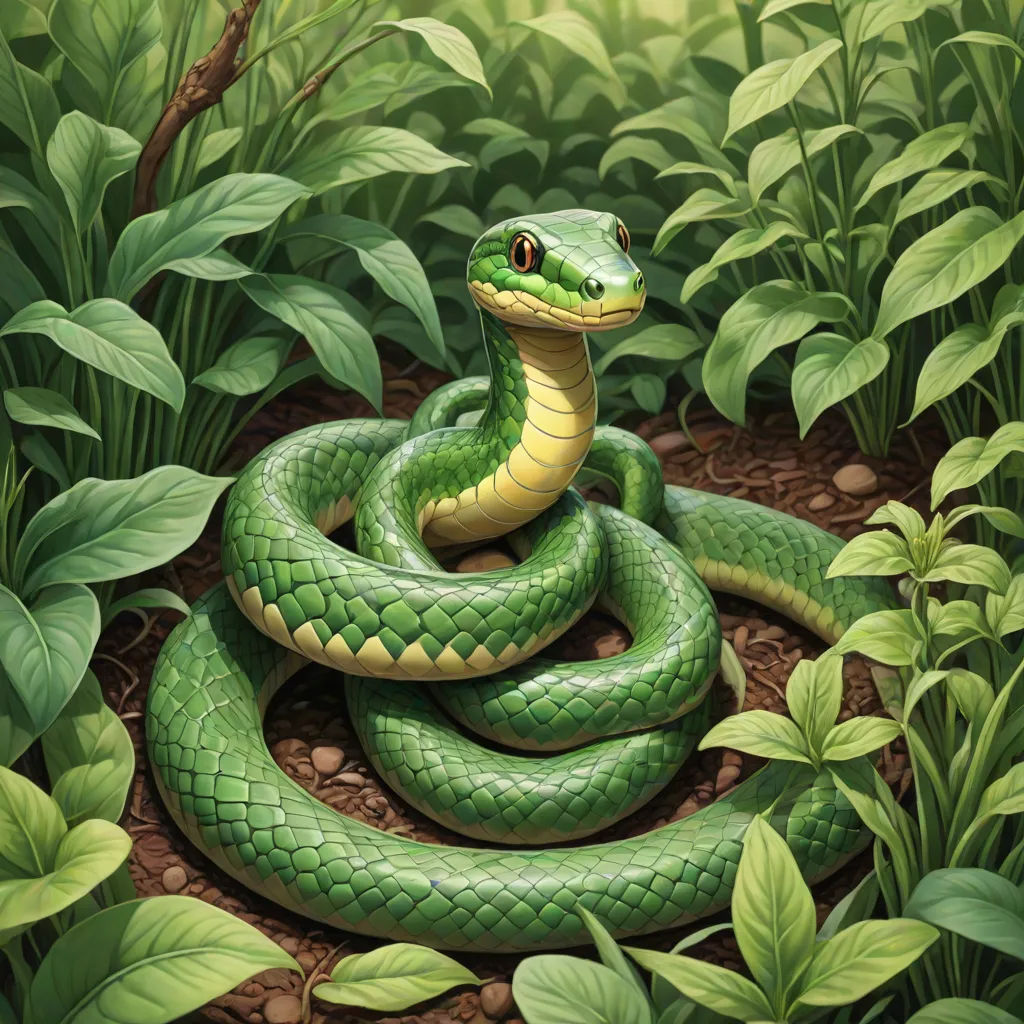 a green snake is curled up in the grass and leaves of a plant area, with a green background, an illustration of, Chris LaBrooy, cobra, highly detailed digital painting