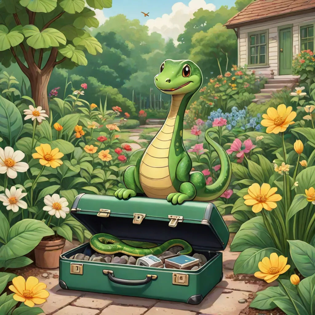a green lizard sitting on top of a green suitcase in a garden of flowers and plants with a house in the background, a storybook illustration, Chris LaBrooy, fantasy art, storybook illustration