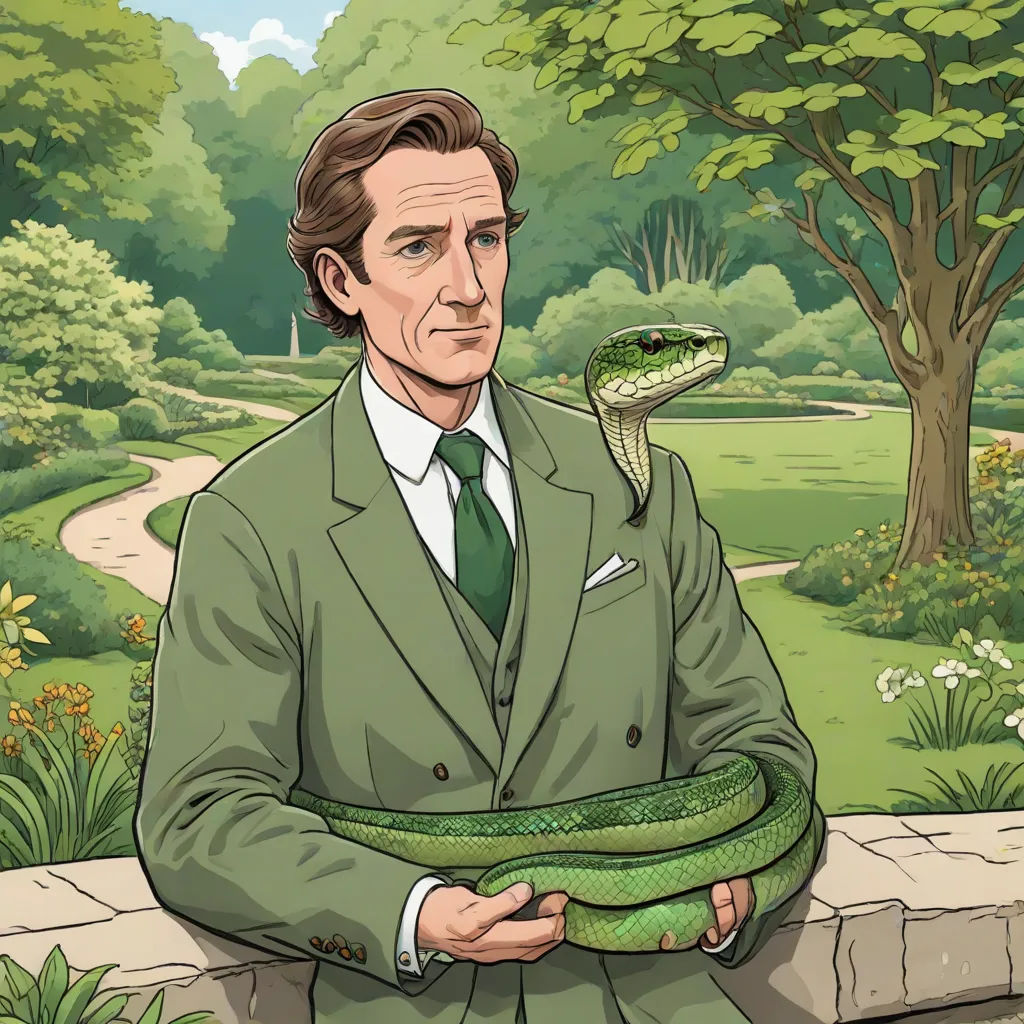 a man in a suit holding a snake in his hand while standing in front of a park with a tree, a character portrait, Colin Middleton, naturalism, official art
