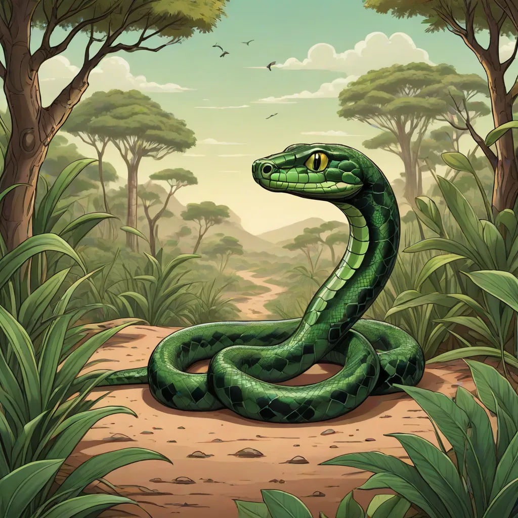 a green snake is sitting in the middle of a forest with trees and bushes around it, with a bird flying overhead, an illustration of, Chris LaBrooy, cobra, green