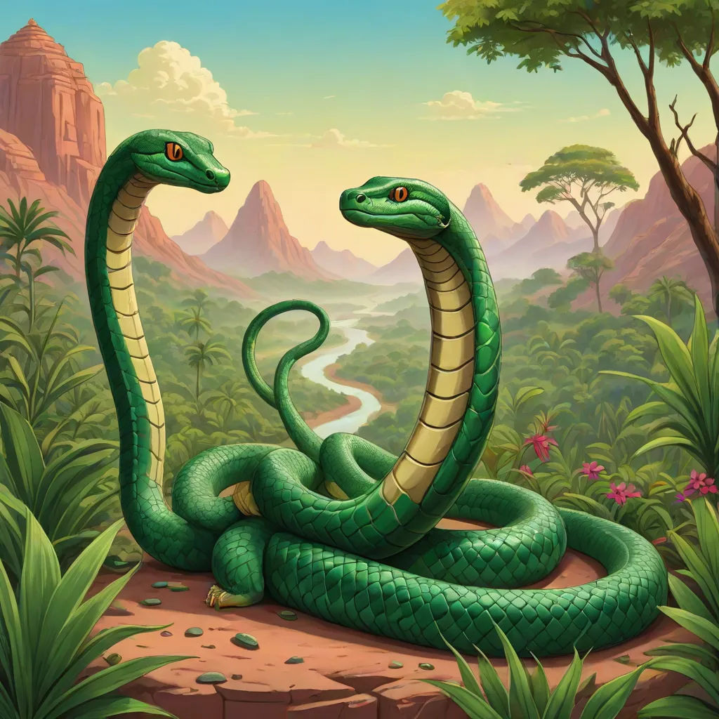 a green snake is sitting on a rock in the jungle with a river running through it and mountains in the background, an illustration of, Brothers Hildebrandt, cobra, highly detailed digital painting