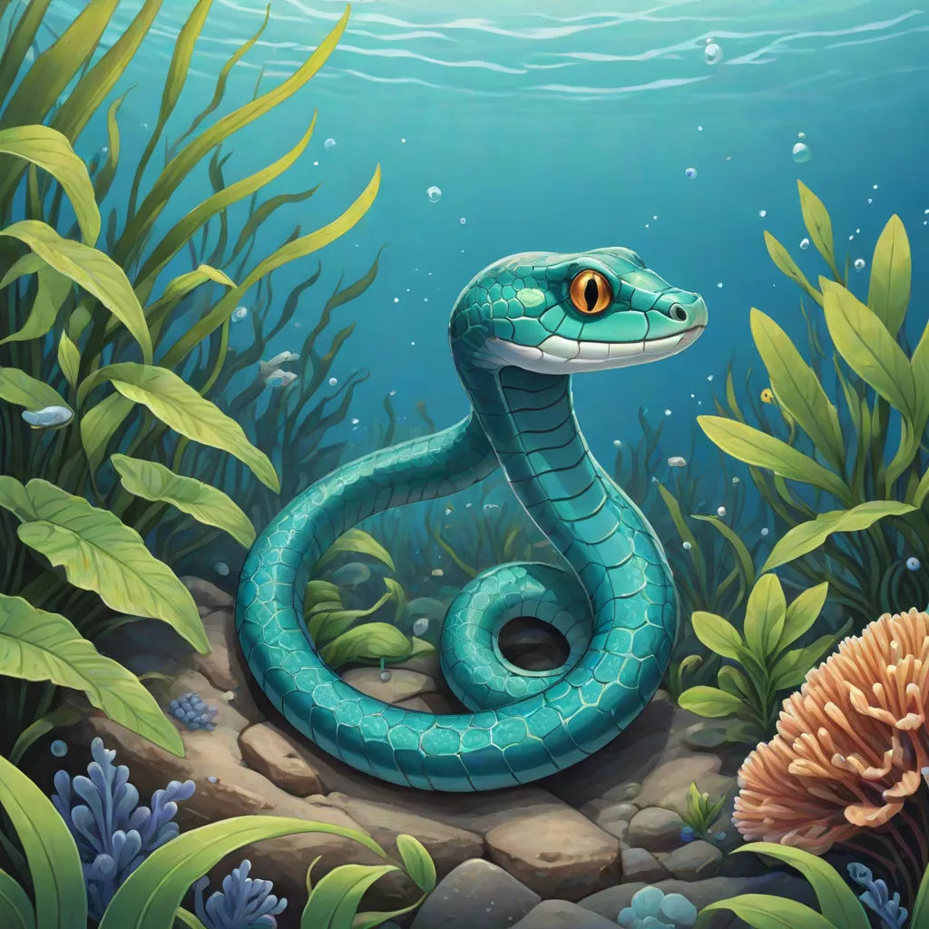 a snake in the sea with algaes and plants around it illustration by alex krapfa for the children's book, an illustration of, Chris LaBrooy, cobra, highly detailed digital painting