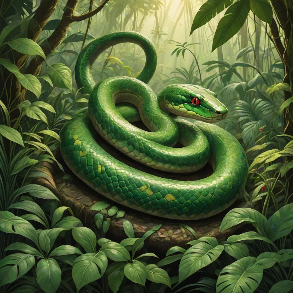 a green snake curled up on a rock in a jungle with green leaves and trees around it, with a red eye, an illustration of, Brom, cobra, green