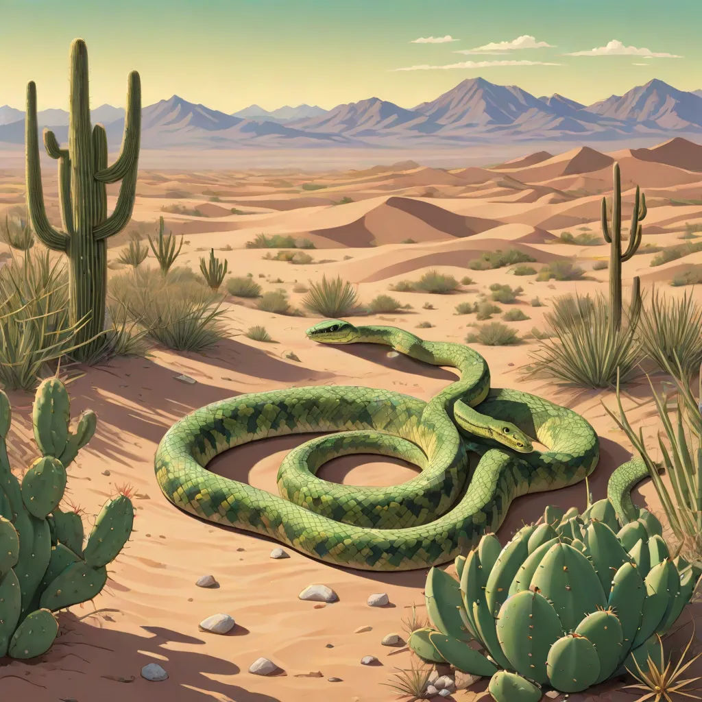 a green snake is on the ground in the desert with cacti and cactuses around it,, an airbrush painting, David A Hardy, american scene painting, walton ford