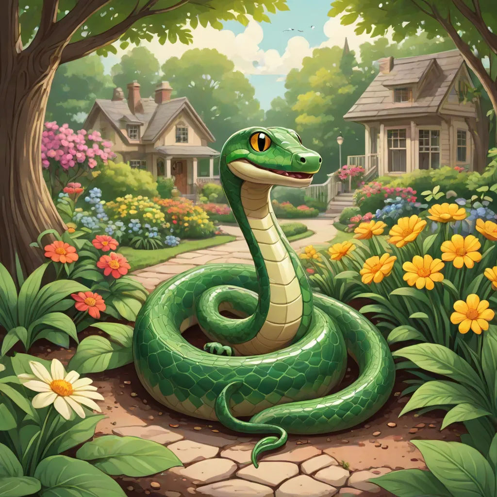 a green snake is in the middle of a garden with flowers and trees in the background, and a house in the background, a character portrait, Chris LaBrooy, cobra, promotional image