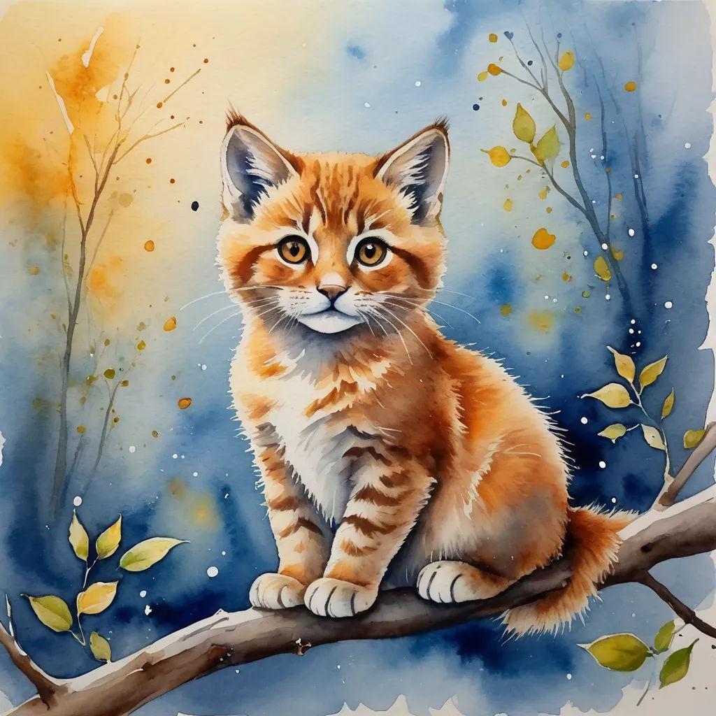 a painting of a cat sitting on a branch with leaves on it's back legs and eyes open, modern european ink painting, a watercolor painting, Alexander Jansson, watercolor