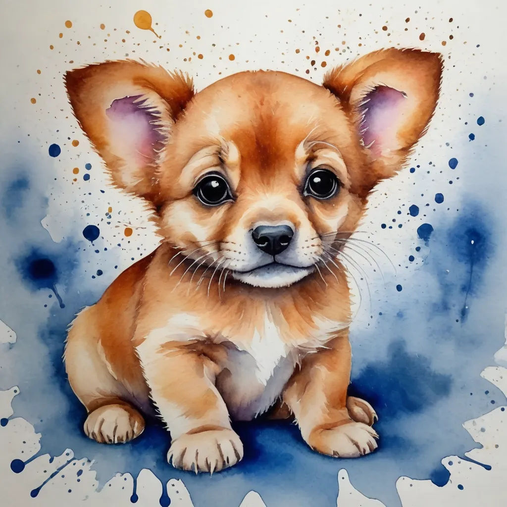 a painting of a small dog sitting on a blue and white background with a splash of paint on it, modern european ink painting, a watercolor painting, ESAO, watercolor