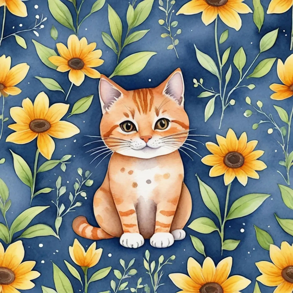 a painting of a cat surrounded by sunflowers and leaves on a blue background with a white dot, folk art, a watercolor painting, Annabel Kidston, in gouache detailed paintings