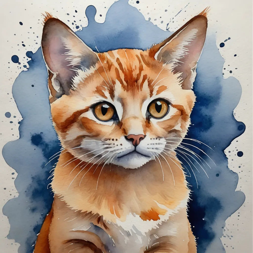 a painting of a cat with a blue background and watercolor stains on it's face and chest, modern european ink painting, a watercolor painting, artist, watercolor