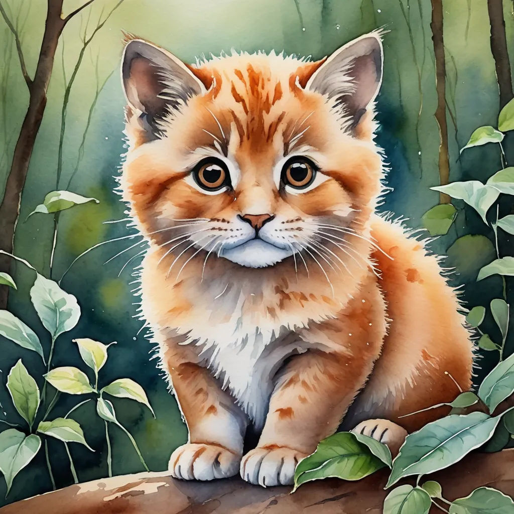 a painting of a cat sitting on a log in the woods with leaves around it and a green background, figurative art, a watercolor painting, Andrey Esionov, extremely detailed oil painting