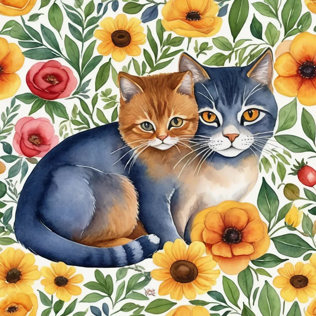 a painting of two cats sitting in a field of flowers and flowers with orange and yellow flowers on a white background, folk art, a watercolor painting, Annabel Kidston, in gouache detailed paintings