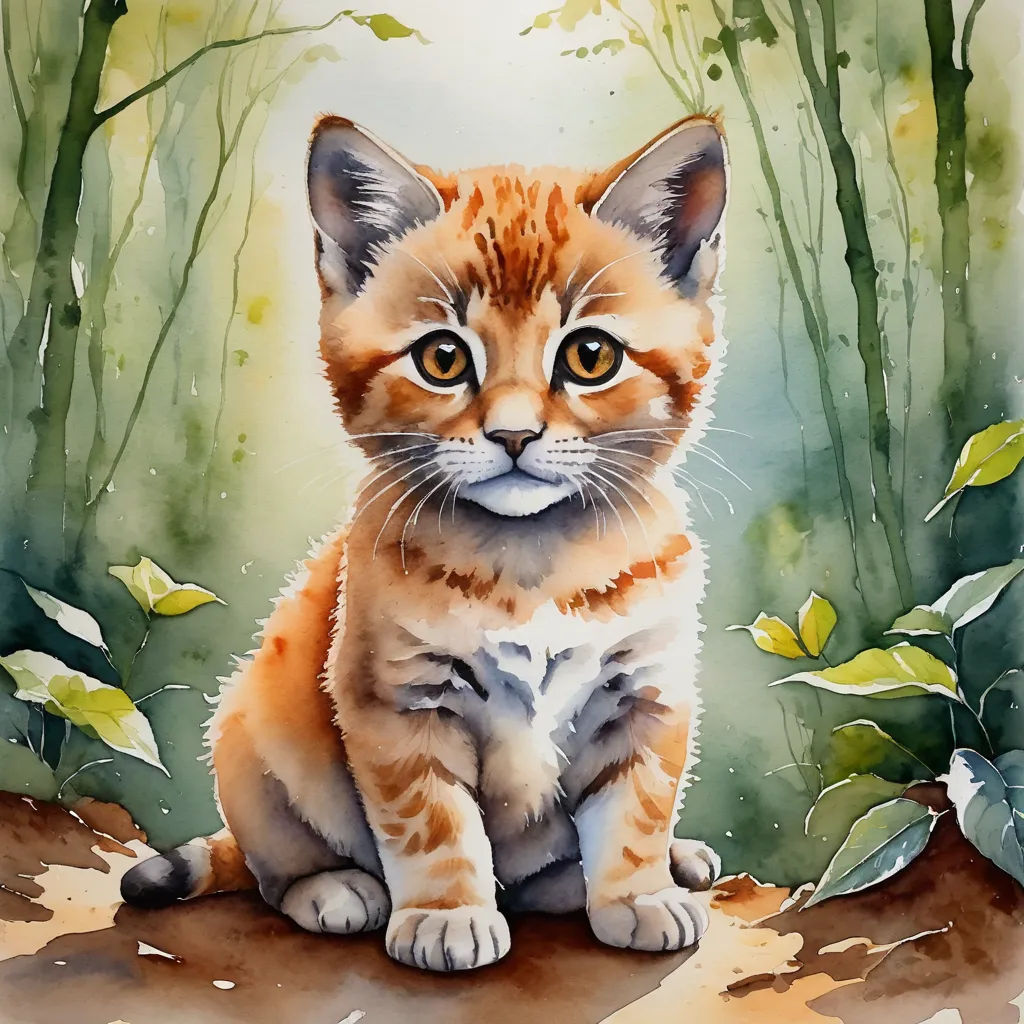 a painting of a cat sitting on a rock in the woods with leaves around it and a green background, modern european ink painting, a watercolor painting, Andrey Esionov, soft painting