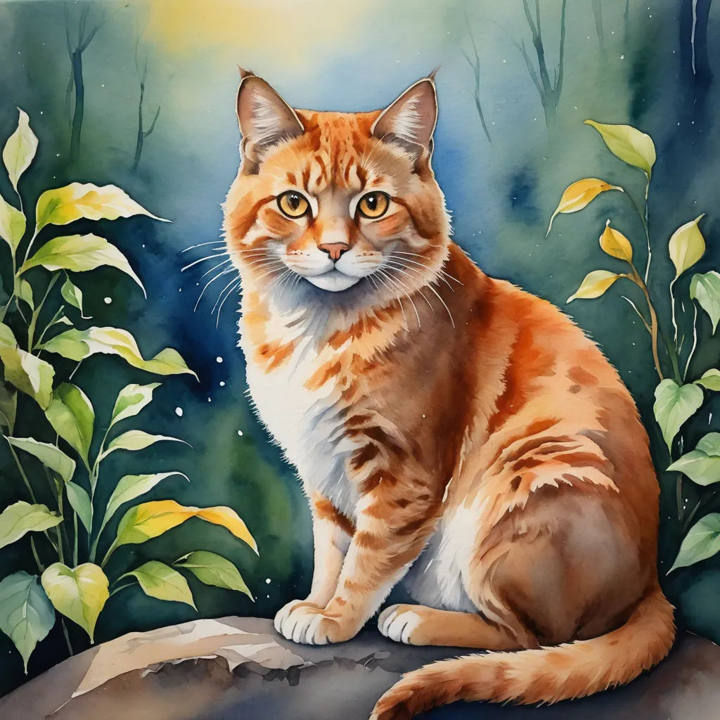a painting of a cat sitting on a rock in a forest with green leaves and flowers around it, with a bright yellow light shining on the top, figurative art, a watercolor painting, Carol Sutton, professional digital painting