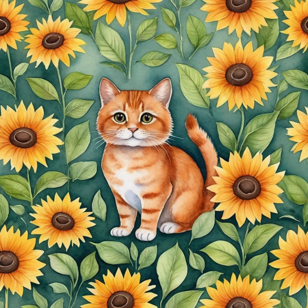 a painting of a cat sitting in a field of sunflowers with green leaves and brown spots on a green background, folk art, a fine art painting, Annabel Kidston, in gouache detailed paintings